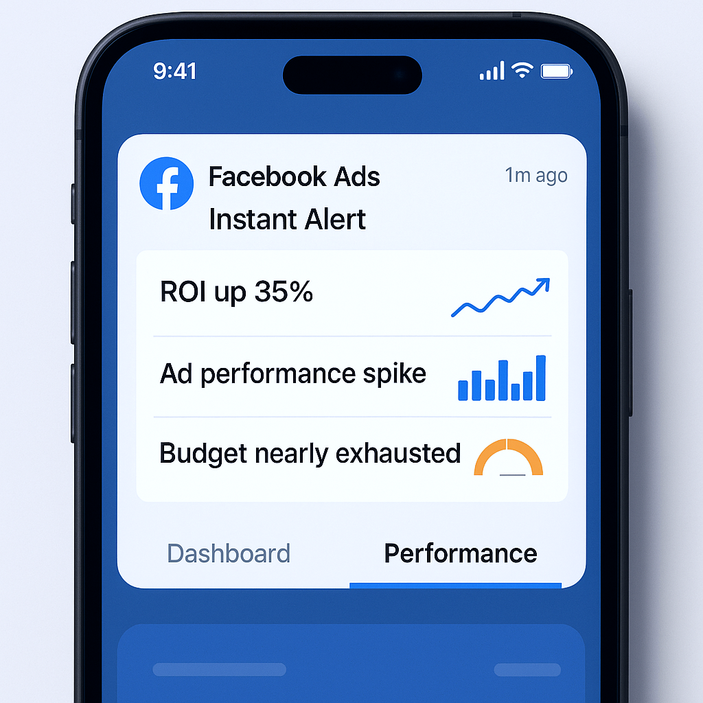 A smartphone screen showing an instant alert from the Facebook Ads performance tracking software.